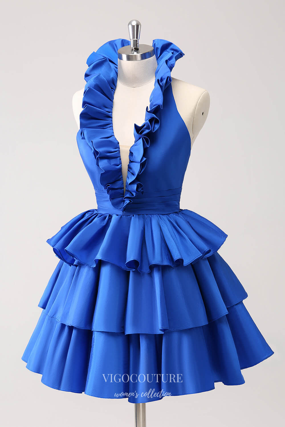 Short Prom Dresses 2025 Blue Tiered Ruffled Satin Homecoming Dresses Plunging V-Neck Back to School Dress hc398-Prom Dresses-vigocouture-vigocouture