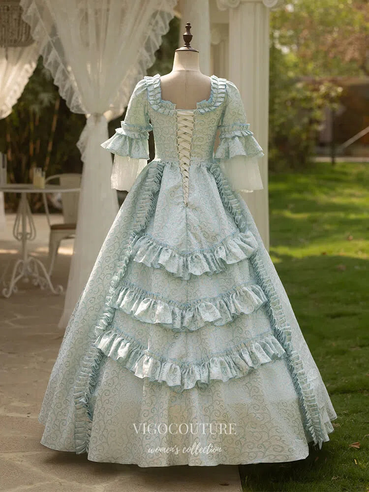 Blue Tiered Ruffled Vintage Princess Dress Puffed Sleeve Satin Lace Quinceanera Dresses 25039 Custom Colors / US16 Blue Tiered Ruffled Vintage Princess Dress Puffed Sleeve Satin Lace Quinceanera Dresses 25039 Custom Colors / US16