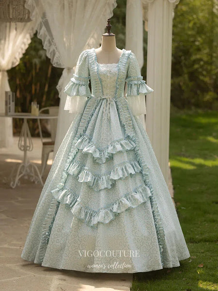 Blue Tiered Ruffled Vintage Princess Dress Puffed Sleeve Satin Lace Quinceanera Dresses 25039 Custom Colors / US16 Blue Tiered Ruffled Vintage Princess Dress Puffed Sleeve Satin Lace Quinceanera Dresses 25039 Custom Colors / US16
