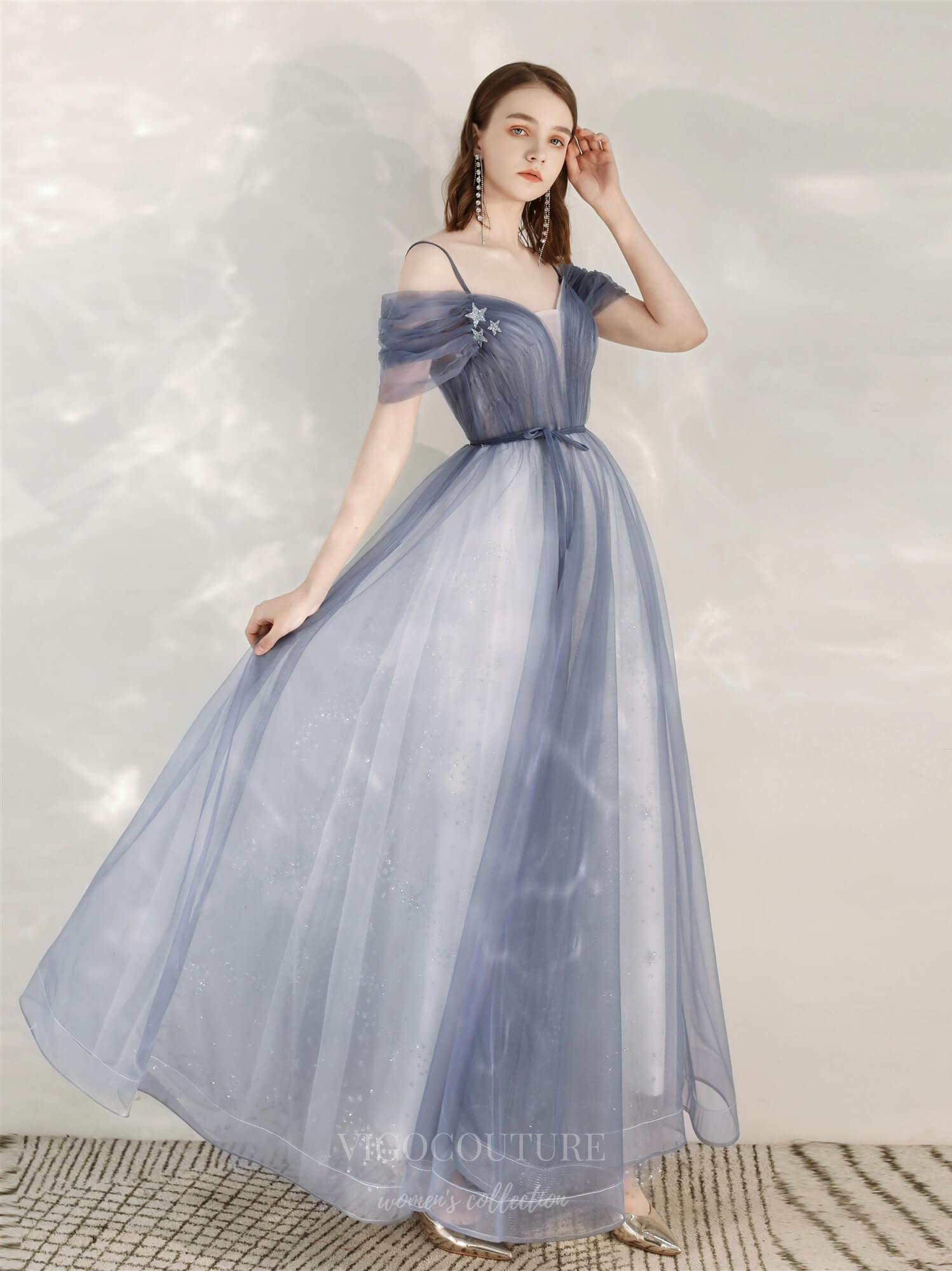 Prom Dress 2025 Blue V-Neck Tulle Prom Dress 20692-unique elegant Prom Dresses-Blue-US2-vigocouture