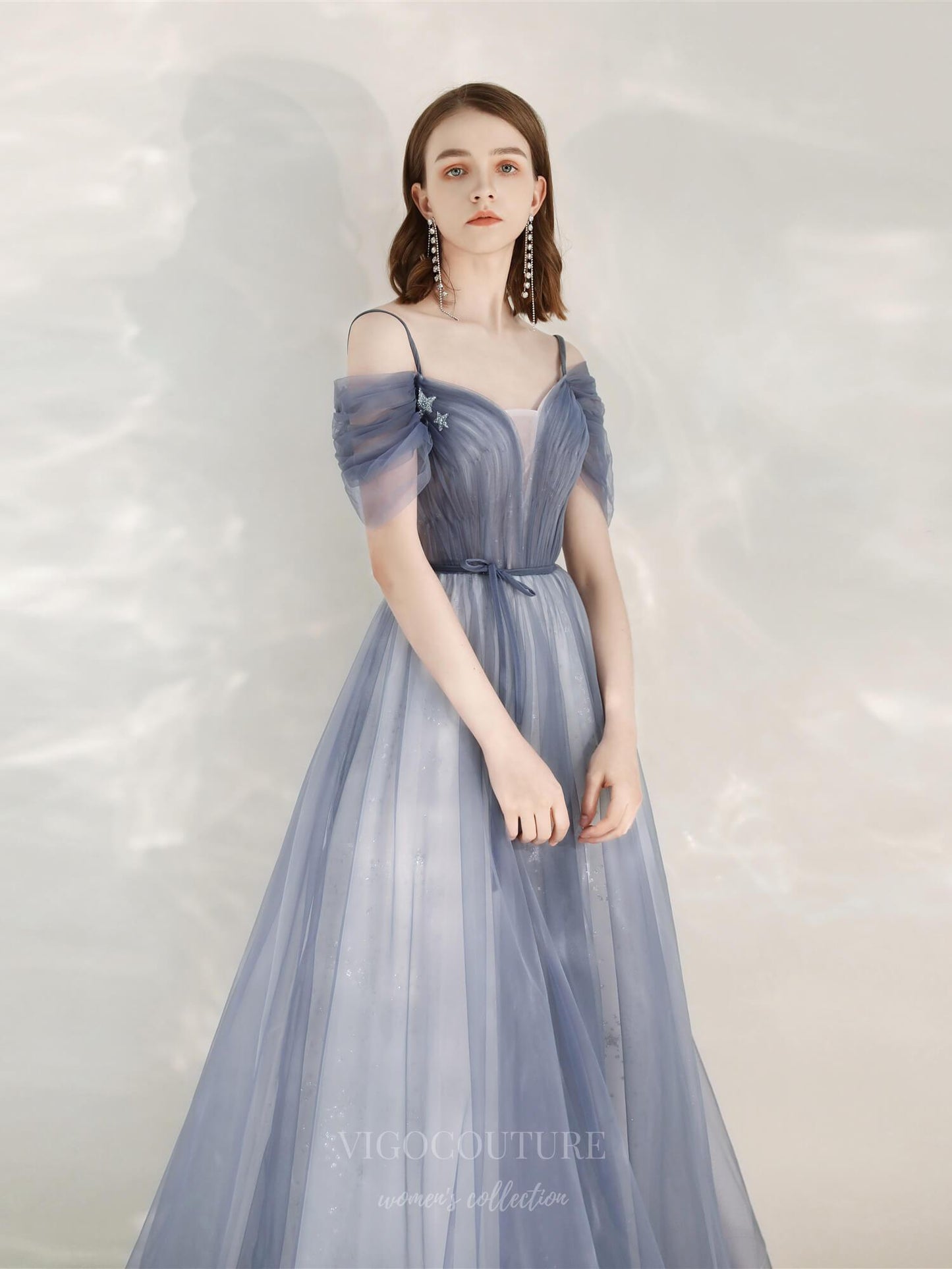 Prom Dress 2025 Blue V-Neck Tulle Prom Dress 20692-unique elegant Prom Dresses-Blue-US2-vigocouture