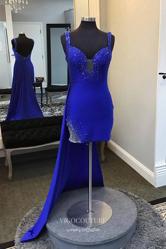 Short Prom Dresses 2025 Blue Watteau Train Satin Homecoming Dresses Beaded Sweetheart Bodycon Dress hc439-Prom Dresses-vigocouture-Blue-Custom Size-vigocouture