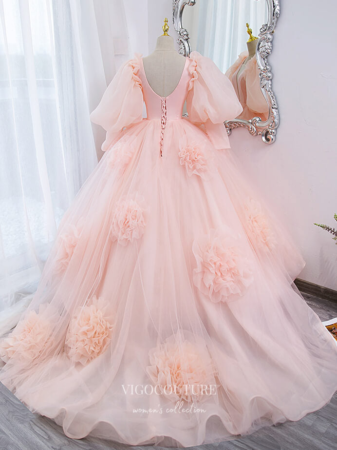 Prom Dress 2025 Blush 3D Floral Quinceanera Dresses Puffed Sleeve Sweet 16 Dresses 21446-unique elegant Prom Dresses-Blush-Custom Size-vigocouture