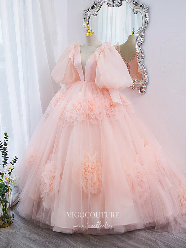 Prom Dress 2025 Blush 3D Floral Quinceanera Dresses Puffed Sleeve Sweet 16 Dresses 21446-unique elegant Prom Dresses-Blush-Custom Size-vigocouture