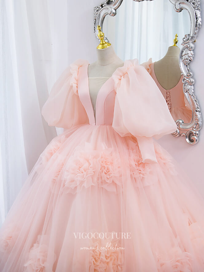 Prom Dress 2025 Blush 3D Floral Quinceanera Dresses Puffed Sleeve Sweet 16 Dresses 21446-unique elegant Prom Dresses-Blush-Custom Size-vigocouture