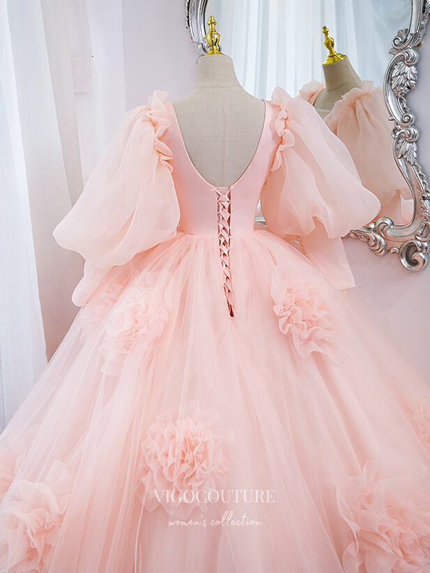 Prom Dress 2025 Blush 3D Floral Quinceanera Dresses Puffed Sleeve Sweet 16 Dresses 21446-unique elegant Prom Dresses-Blush-Custom Size-vigocouture