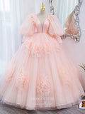 Prom Dress 2025 Blush 3D Floral Quinceanera Dresses Puffed Sleeve Sweet 16 Dresses 21446-unique elegant Prom Dresses-Blush-Custom Size-vigocouture