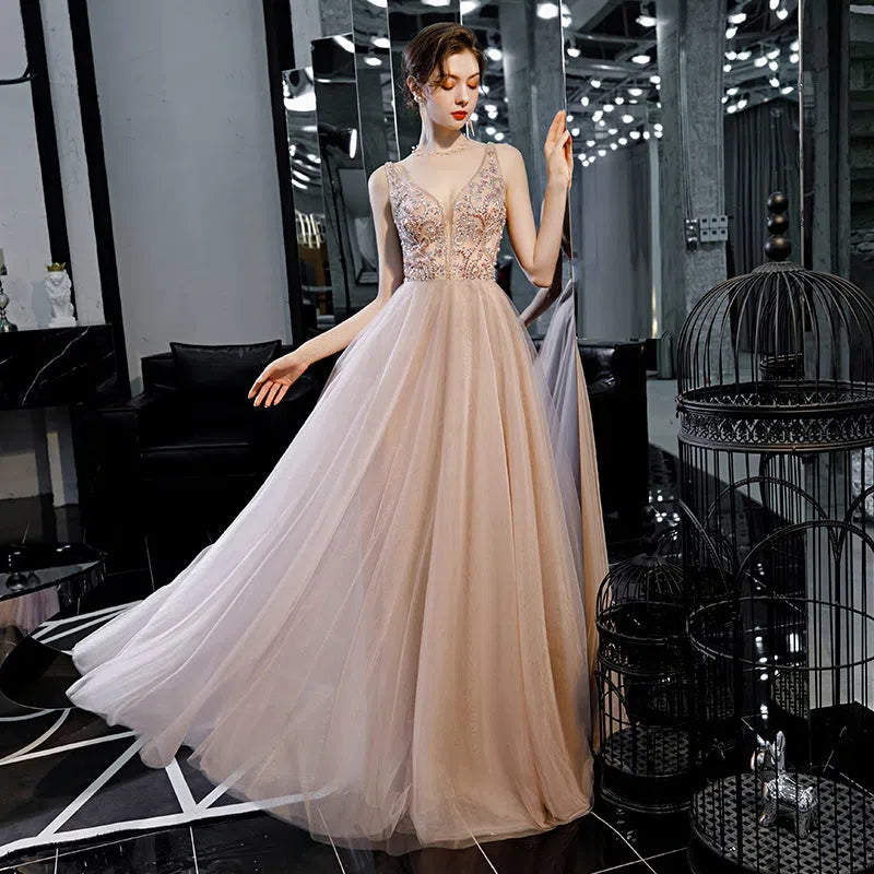 Blush A-line Prom Dresses Plunging V-neck Beaded Prom Gown 20165 vigocouture Blush A-line Prom Dresses Plunging V-neck Beaded Prom Gown 20165 vigocouture