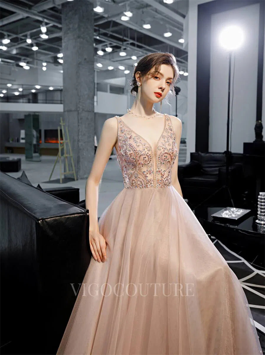 Prom Dress 2025 Blush A-line Prom Dresses Plunging V-neck Beaded Prom Gown 20165-unique elegant Prom Dresses-Blush-US2-vigocouture