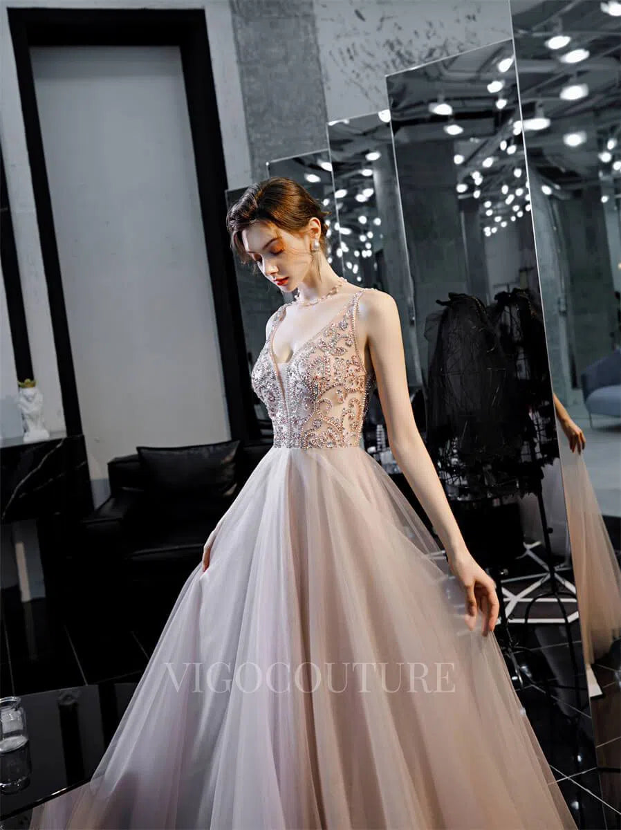 Prom Dress 2025 Blush A-line Prom Dresses Plunging V-neck Beaded Prom Gown 20165-unique elegant Prom Dresses-Blush-US2-vigocouture