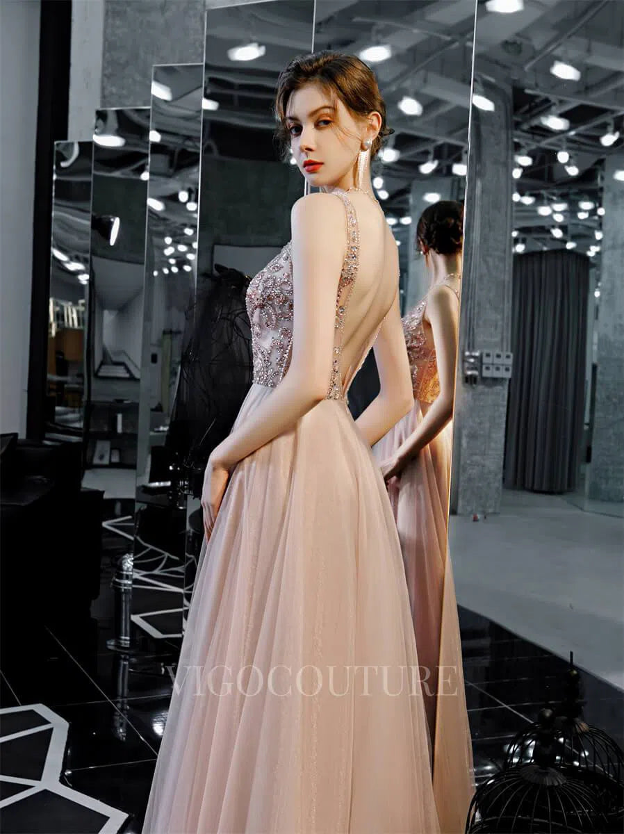 Prom Dress 2025 Blush A-line Prom Dresses Plunging V-neck Beaded Prom Gown 20165-unique elegant Prom Dresses-Blush-US2-vigocouture