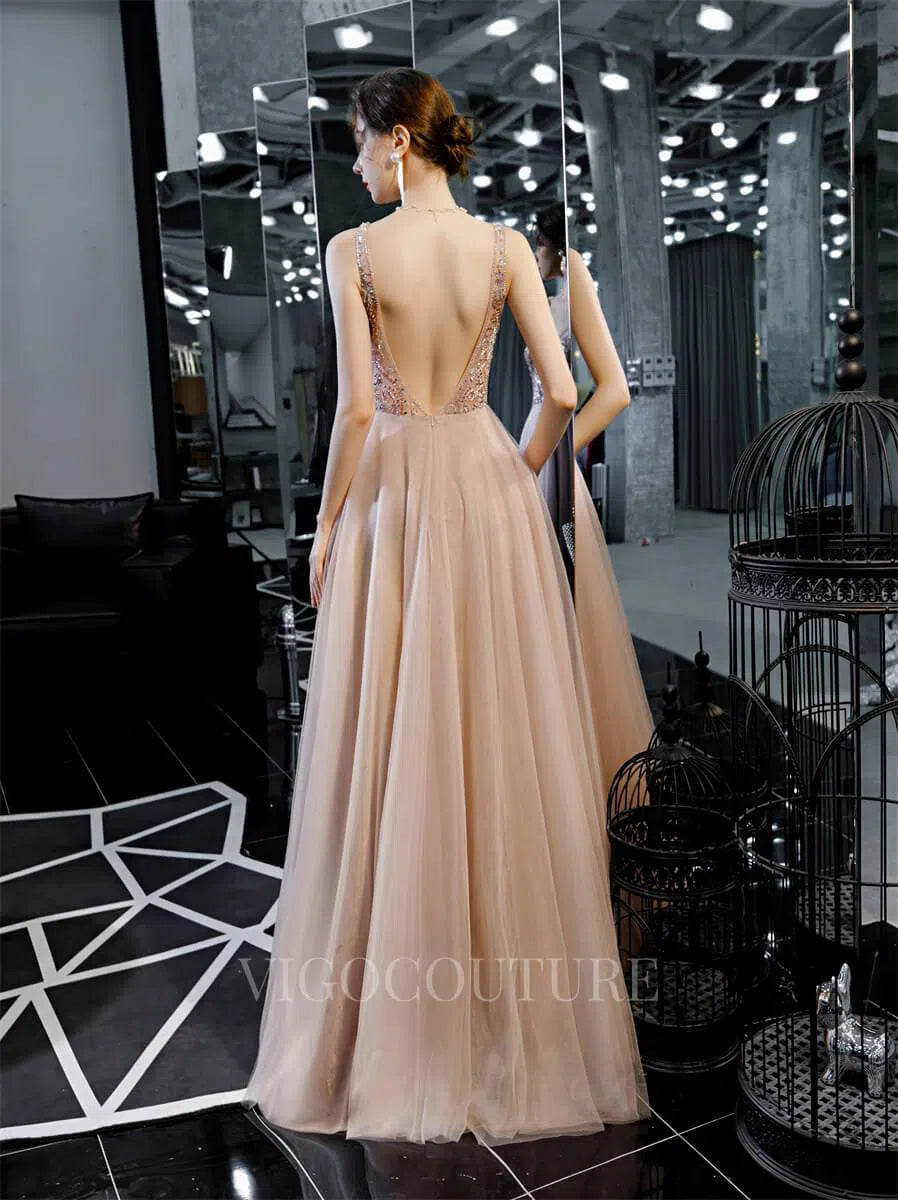 Prom Dress 2025 Blush A-line Prom Dresses Plunging V-neck Beaded Prom Gown 20165-unique elegant Prom Dresses-Blush-US2-vigocouture