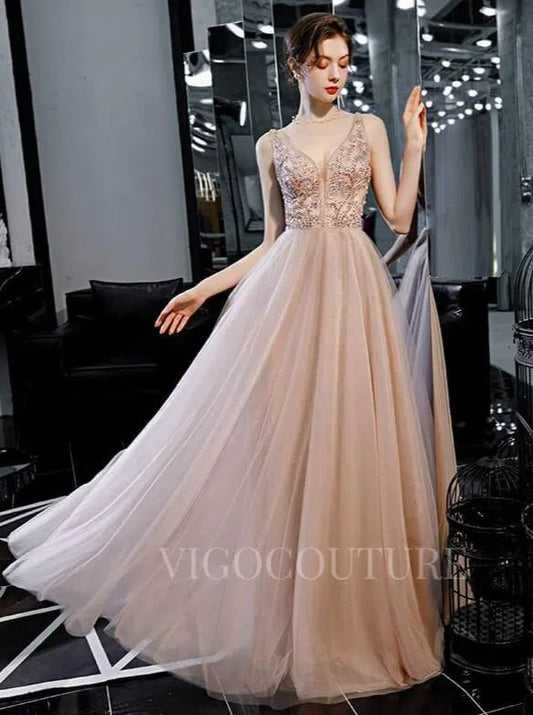 Prom Dress 2025 Blush A-line Prom Dresses Plunging V-neck Beaded Prom Gown 20165-unique elegant Prom Dresses-Blush-US2-vigocouture