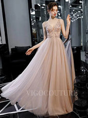 Blush A-line Prom Dresses Plunging V-neck Beaded Prom Gown 20165