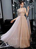 Blush A-line Prom Dresses Plunging V-neck Beaded Prom Gown 20165