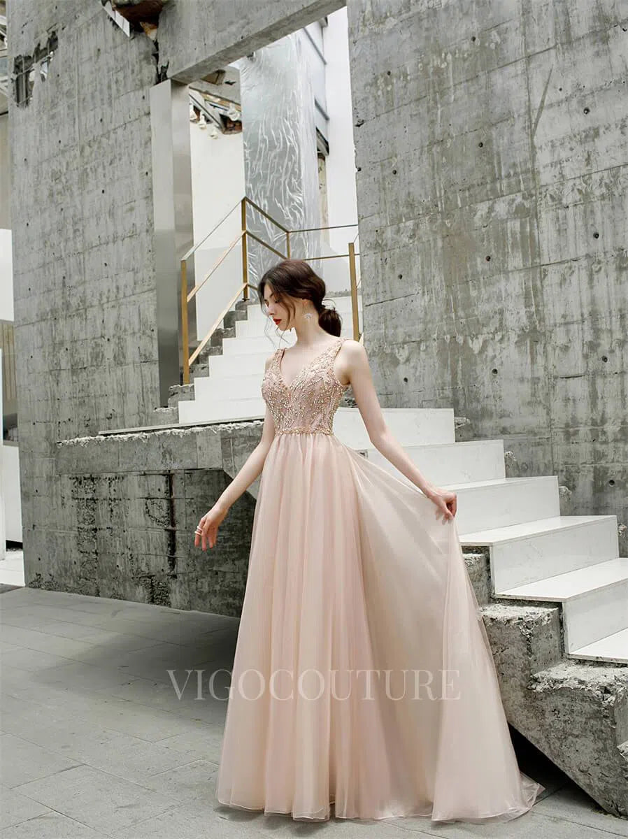 Prom Dress 2025 Blush A-line Prom Dresses V-neck Beaded Prom Gown 20179-unique elegant Prom Dresses-Blush-US2-vigocouture