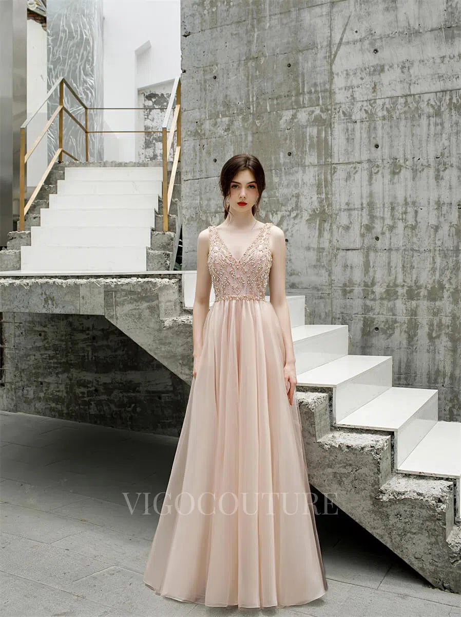 Prom Dress 2025 Blush A-line Prom Dresses V-neck Beaded Prom Gown 20179-unique elegant Prom Dresses-Blush-US2-vigocouture