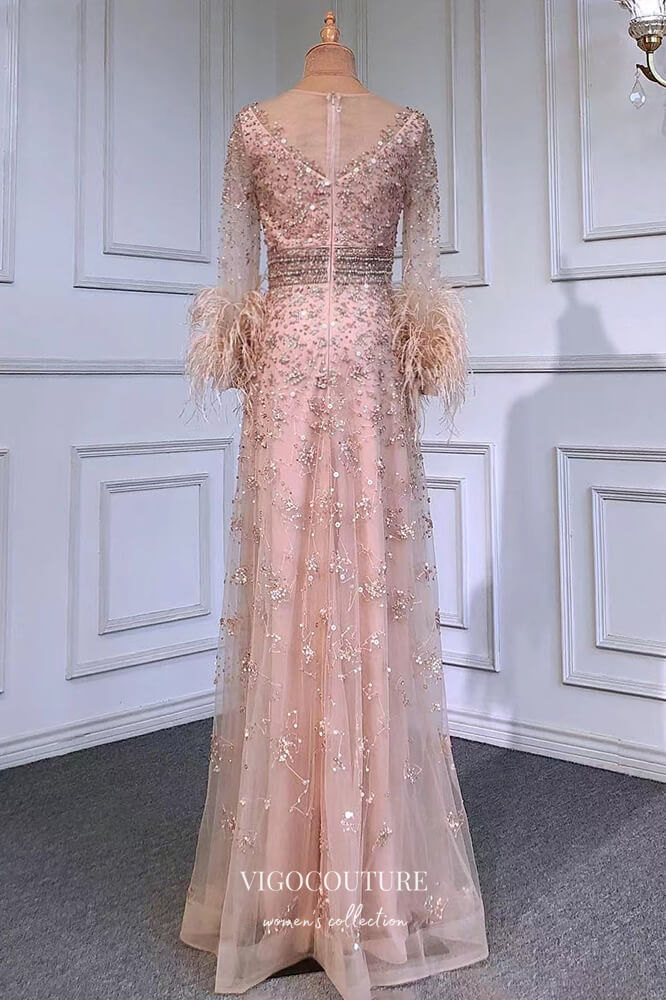 Prom Dress 2025 Blush Beaded Formal Dresses Long Sleeve Feather Prom Dress 21634-unique elegant Prom Dresses-Blush-US2-vigocouture