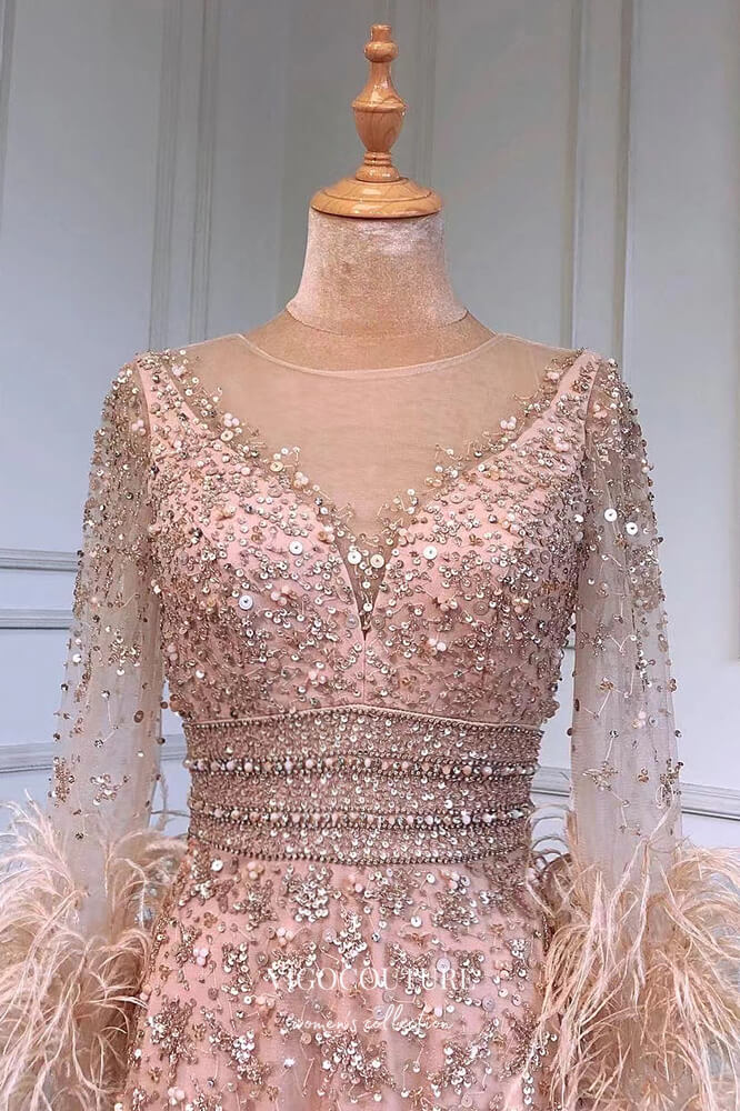 Prom Dress 2025 Blush Beaded Formal Dresses Long Sleeve Feather Prom Dress 21634-unique elegant Prom Dresses-Blush-US2-vigocouture