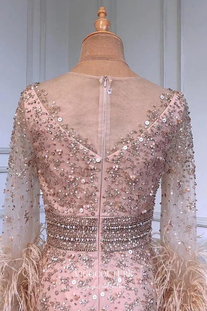 long sleeve blush prom dress Blush Pink Ball Gown with Sleeves Pink Formal Dress Long