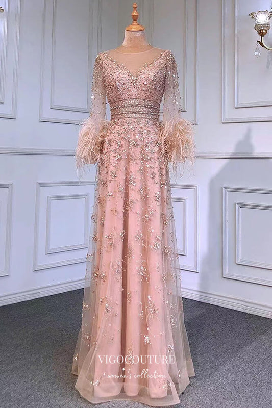 Prom Dress 2025 Blush Beaded Formal Dresses Long Sleeve Feather Prom Dress 21634-unique elegant Prom Dresses-Blush-US2-vigocouture