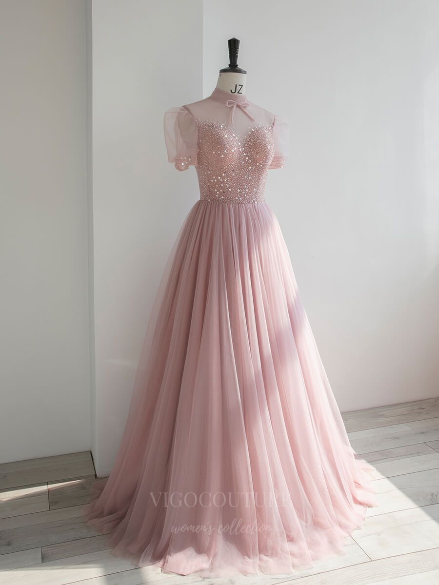 Mormon Pink Modest Long Prom Dresses Elegant Pink Tulle Long Prom Dress With Tulle Sleeves #MS18074 Mormon Pink Modest Long Prom Dresses Elegant Pink Tulle Long Prom Dress With Tulle Sleeves #MS18074