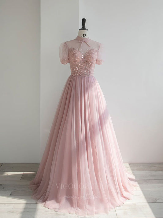 Prom Dress 2025 Blush Beaded High Neck Prom Dress 20652-unique elegant Prom Dresses-Blush-US2-vigocouture