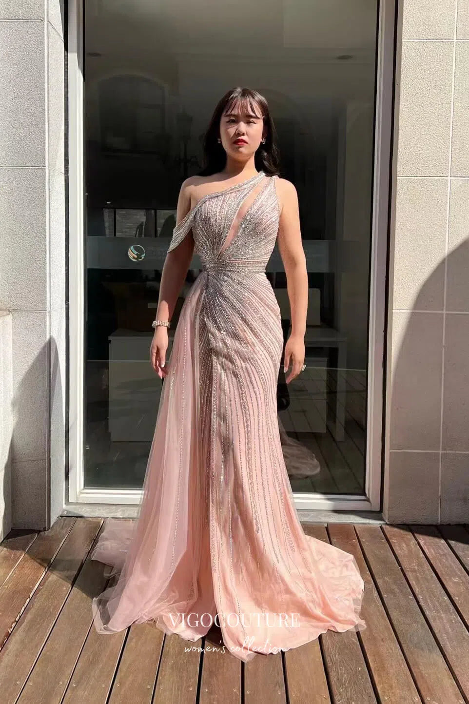 Prom Dress 2025 Blush Beaded Mermaid Prom Dress with One Shoulder 22239-unique elegant Prom Dresses-Blush-US2-vigocouture