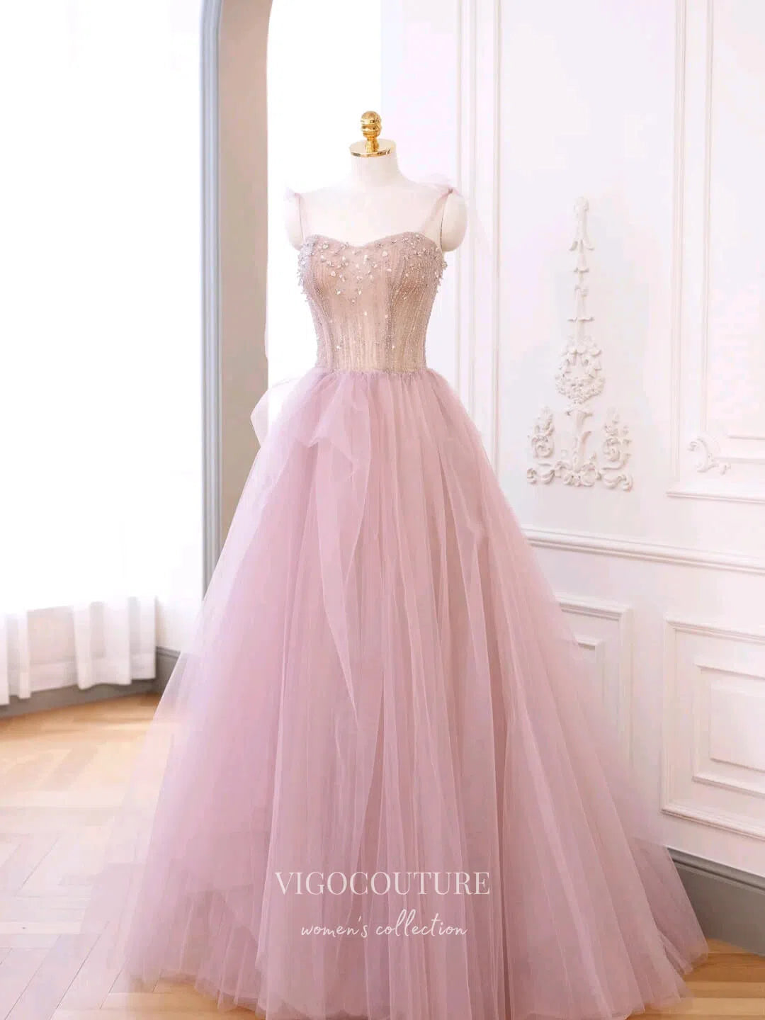 Prom Dress 2025 Blush Beaded Prom Dresses Spaghetti Strap Formal Dresses 21170-unique elegant Prom Dresses-Blush-Custom Size-vigocouture