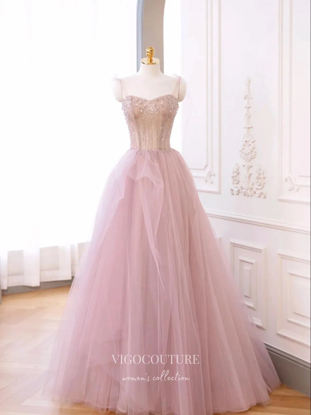 Prom Dress 2025 Blush Beaded Prom Dresses Spaghetti Strap Formal Dresses 21170-unique elegant Prom Dresses-Blush-Custom Size-vigocouture