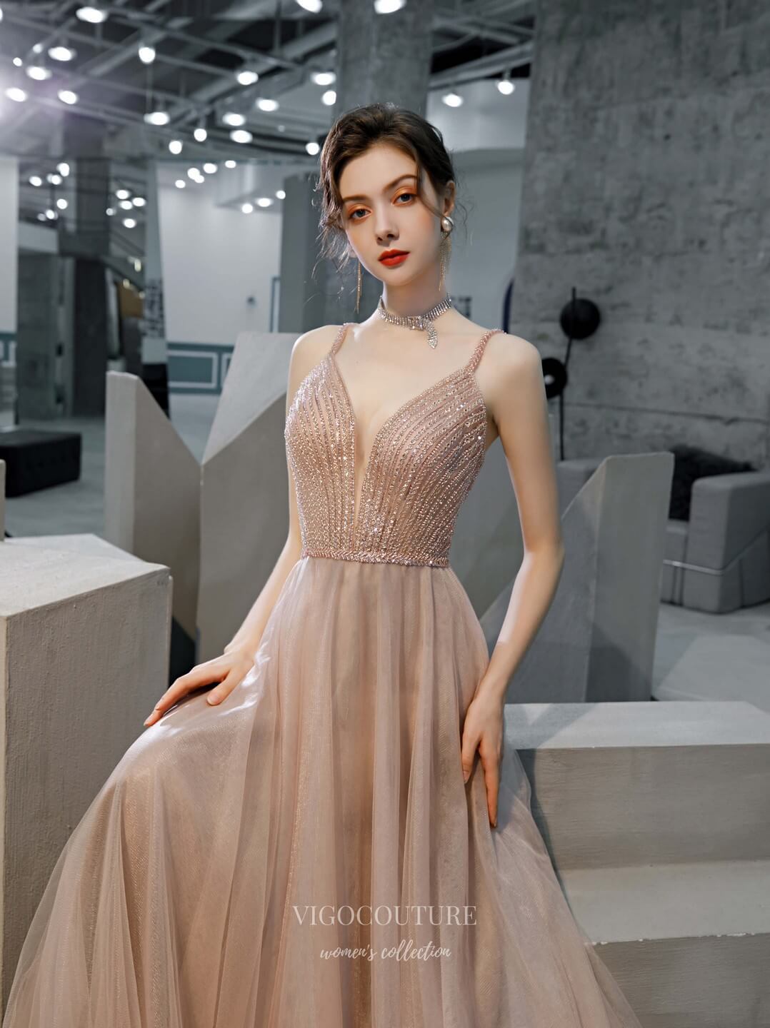 Prom Dress 2025 Blush Beaded Spaghetti Strap Prom Dress 20223-unique elegant Prom Dresses-Blush-US2-vigocouture