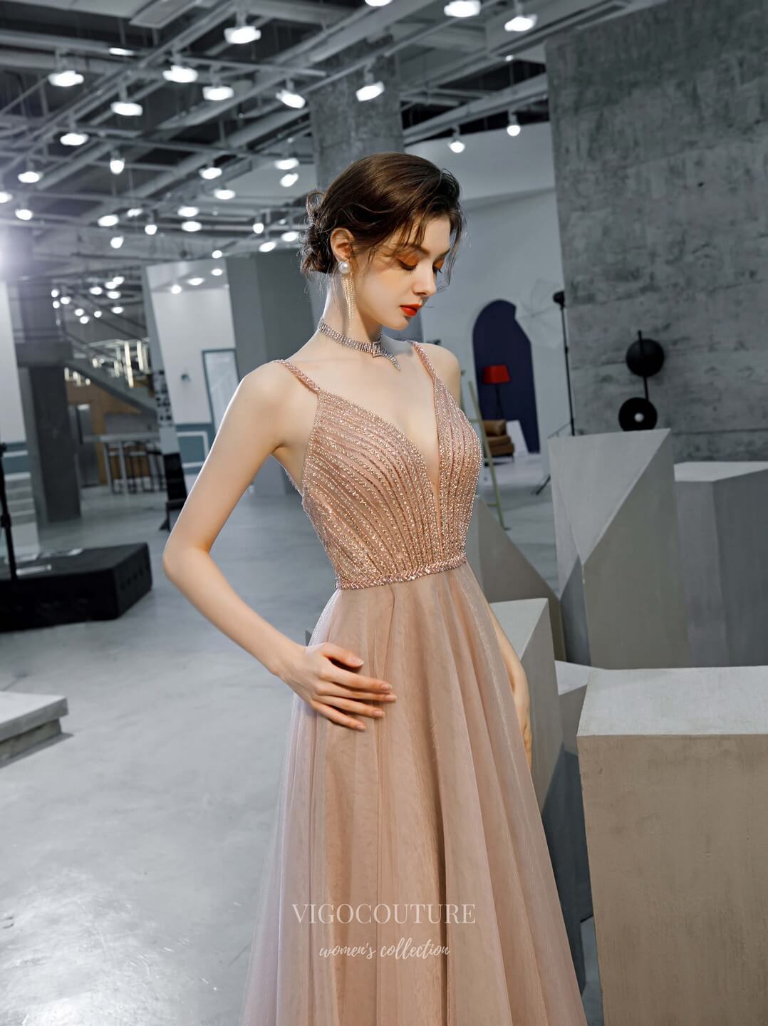 Prom Dress 2025 Blush Beaded Spaghetti Strap Prom Dress 20223-unique elegant Prom Dresses-Blush-US2-vigocouture