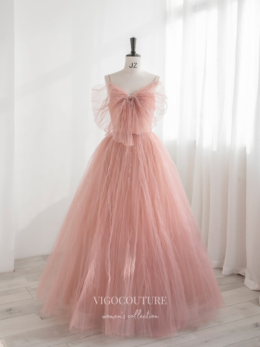 Prom Dress 2025 Blush Bow-Tie Prom Dresses Beaded Spaghetti Strap Formal Dresses 21166-unique elegant Prom Dresses-Blush-Custom Size-vigocouture