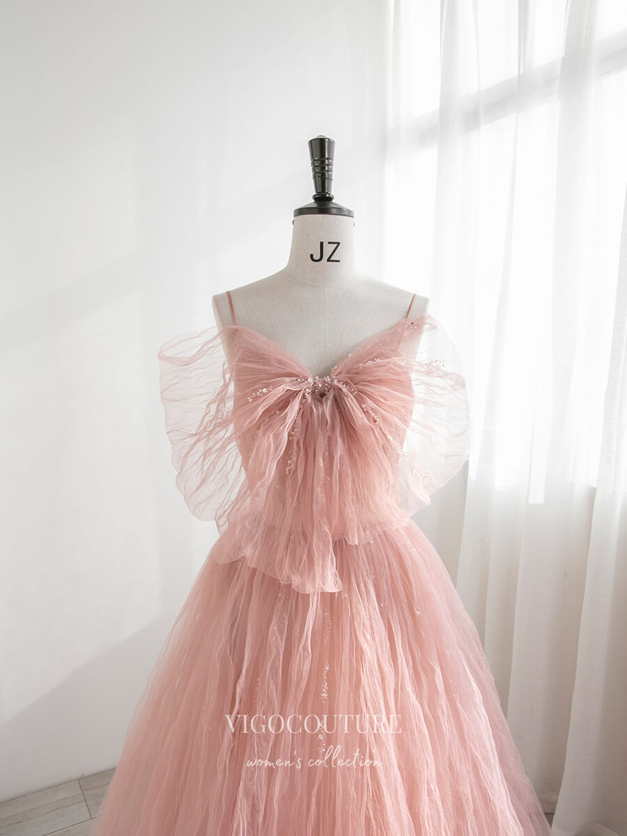 Prom Dress 2025 Blush Bow-Tie Prom Dresses Beaded Spaghetti Strap Formal Dresses 21166-unique elegant Prom Dresses-Blush-Custom Size-vigocouture