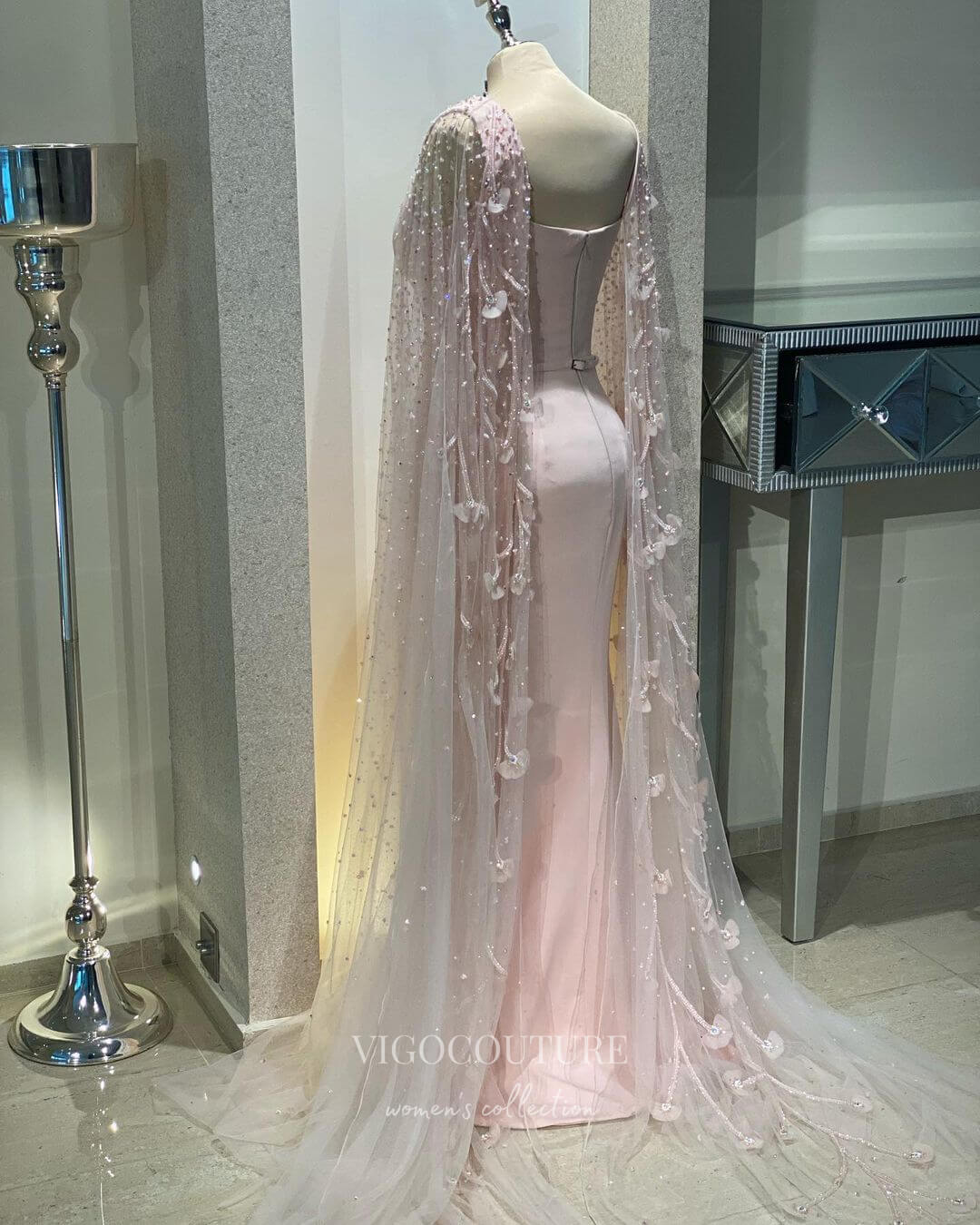 Prom Dress 2025 Blush Cape Sleeve Prom Dresses Sheath Mother of the Bride Dress 22149-unique elegant Prom Dresses-Blush-US2-vigocouture