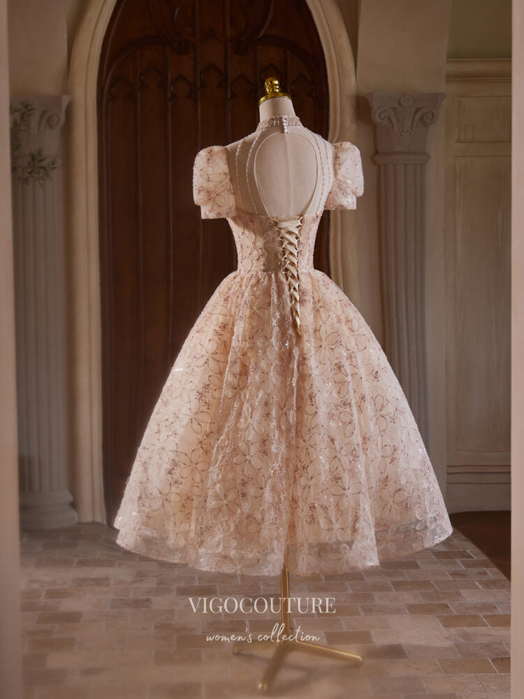 Blush Floral Lace Homecoming Dress Puffed Sleeve Tea-Length Dress hc321 Custom Colors / 26W Blush Floral Lace Homecoming Dress Puffed Sleeve Tea-Length Dress hc321 Custom Colors / 26W