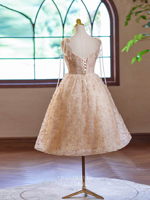 Blush Floral Lace Homecoming Dress Spaghetti Strap Knee Length Dress h vigocouture Blush Floral Lace Homecoming Dress Spaghetti Strap Knee Length Dress h vigocouture
