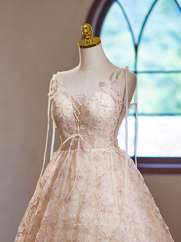 knee length dresses hoco Blush Floral Lace Homecoming Dress Spaghetti Strap Knee Length Dress hc335 Custom Colors / 24W