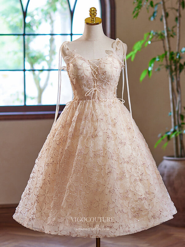 Blush Floral Lace Homecoming Dress Spaghetti Strap Knee Length Dress hc335