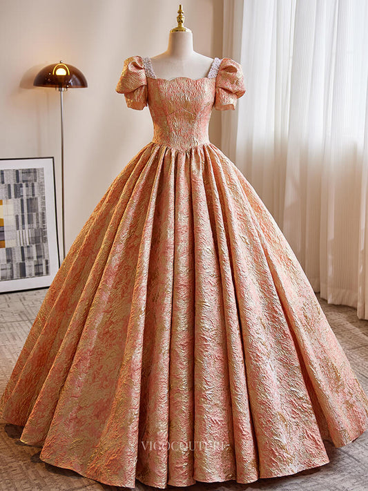 Prom Dresses 2025 to impress Blush Jacquard Prom Dresses with Puffed Sleeve, Corset Back, Quinceanera Dresses BG018-vigocouture-Blush-Custom Size-vigocouture