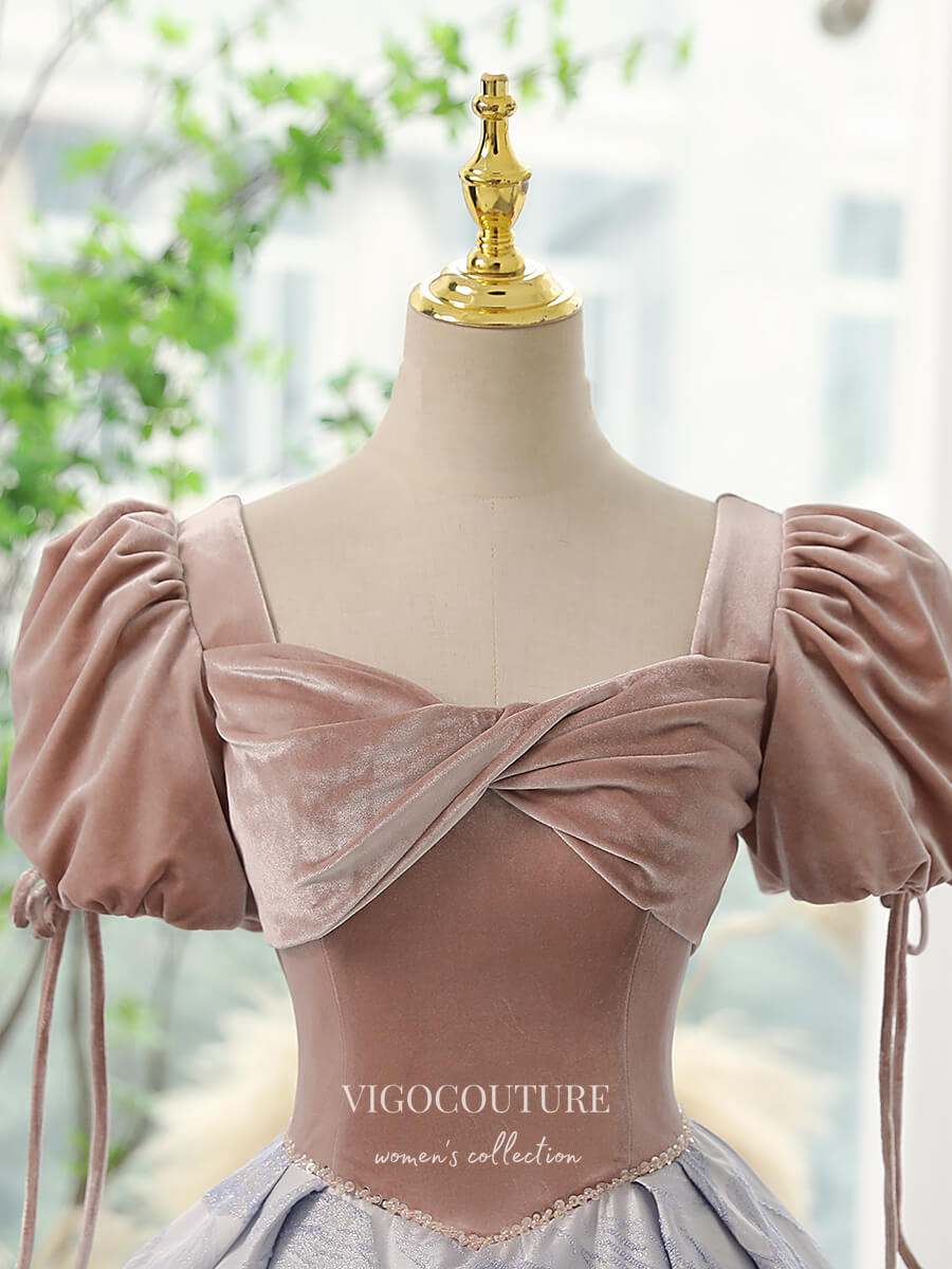 Prom Dress 2025 Blush Jacquard Satin and Velvet Prom Dress with Puffed Sleeve 22287-unique elegant Prom Dresses-Blush-Custom Size-vigocouture