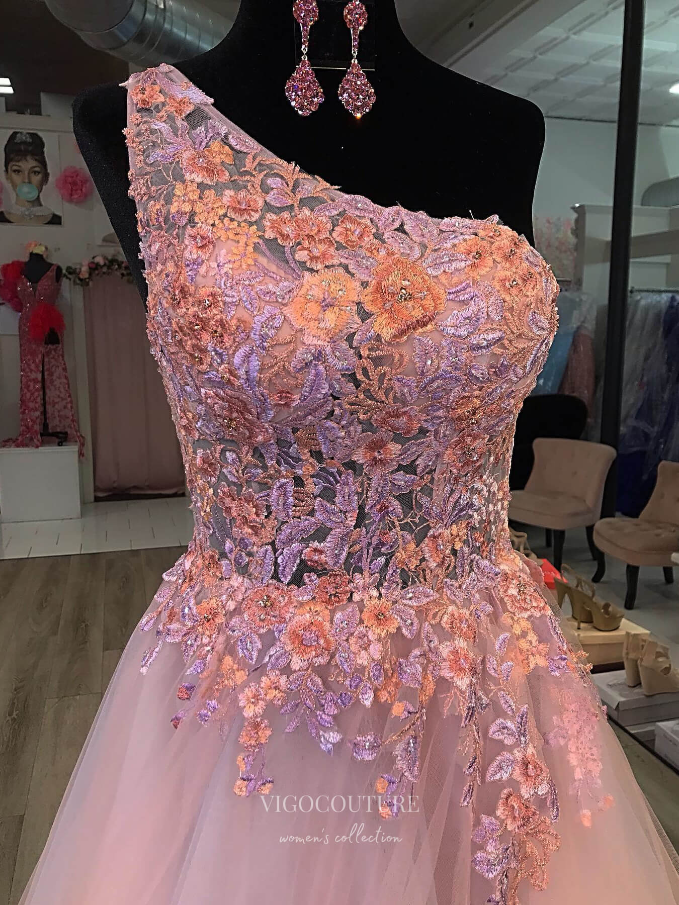 Prom Dress 2025 Blush Lace Applique Prom Dresses 2024 One Shoulder Sheer Bodice 24227-unique elegant Prom Dresses-Blush-Custom Size-vigocouture