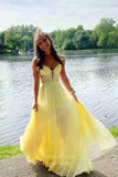 Prom Dress 2025 Blush Lace Applique Prom Dresses with Slit Plunging V-Neck Evening Dress 22010-unique elegant Prom Dresses-Yellow-Custom Size-vigocouture