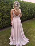 Prom Dress 2025 Blush Lace Applique Prom Dresses with Slit Spaghetti Strap Evening Dress 20942-unique elegant Prom Dresses-Blush-US2-vigocouture