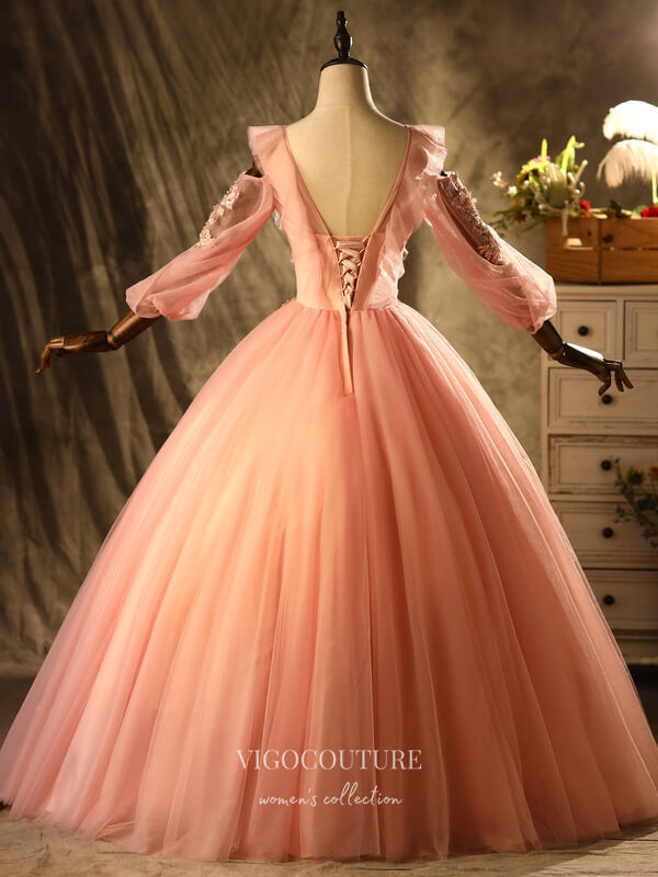 Prom Dress 2025 Blush Lace Applique Quinceanera Dresses Long Sleeve Sweet 16 Dresses 21397-unique elegant Prom Dresses-Blush-Custom Size-vigocouture