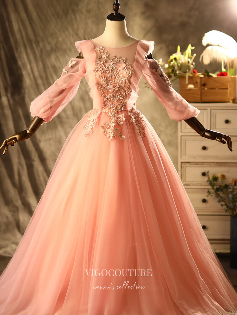 Prom Dress 2025 Blush Lace Applique Quinceanera Dresses Long Sleeve Sweet 16 Dresses 21397-unique elegant Prom Dresses-Blush-Custom Size-vigocouture