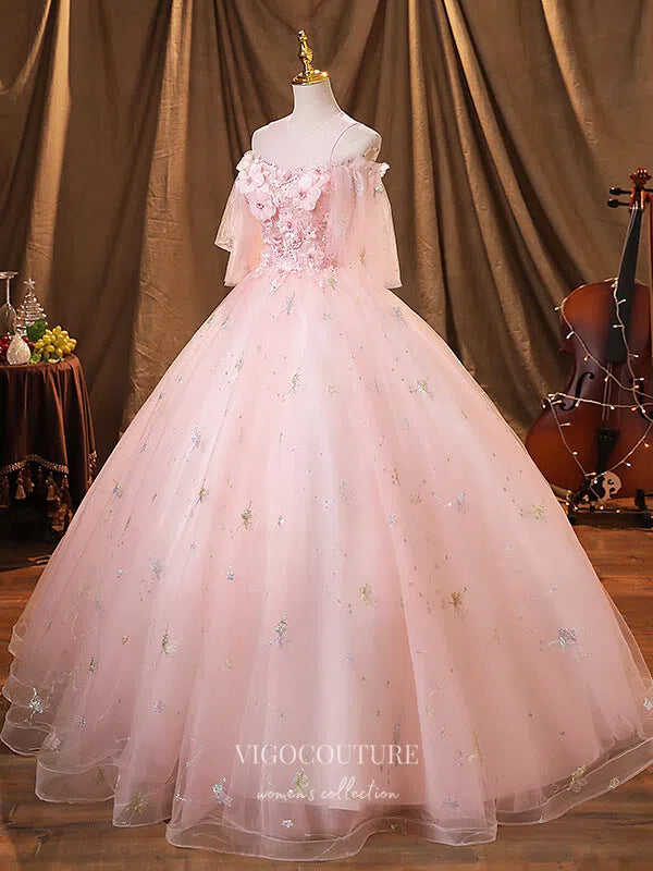 Blush Lace Applique Quinceanera Dresses Sparkly Tulle Sweet 15 Dresses vigocouture Blush Lace Applique Quinceanera Dresses Sparkly Tulle Sweet 15 Dresses vigocouture
