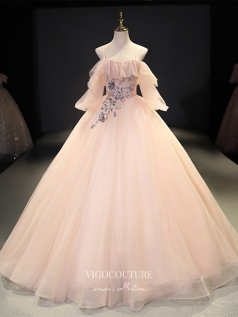 Prom Dress 2025 Blush Lace Applique Quinceanera Dresses Sparkly Tulle Sweet 15 Dresses 21423-unique elegant Prom Dresses-Blush-Custom Size-vigocouture