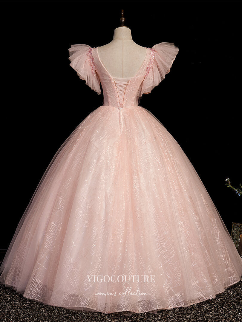 Prom Dress 2025 Blush Lace Applique Quinceanera Dresses Sparkly Tulle Sweet 16 Dresses 21408-unique elegant Prom Dresses-Blush-Custom Size-vigocouture