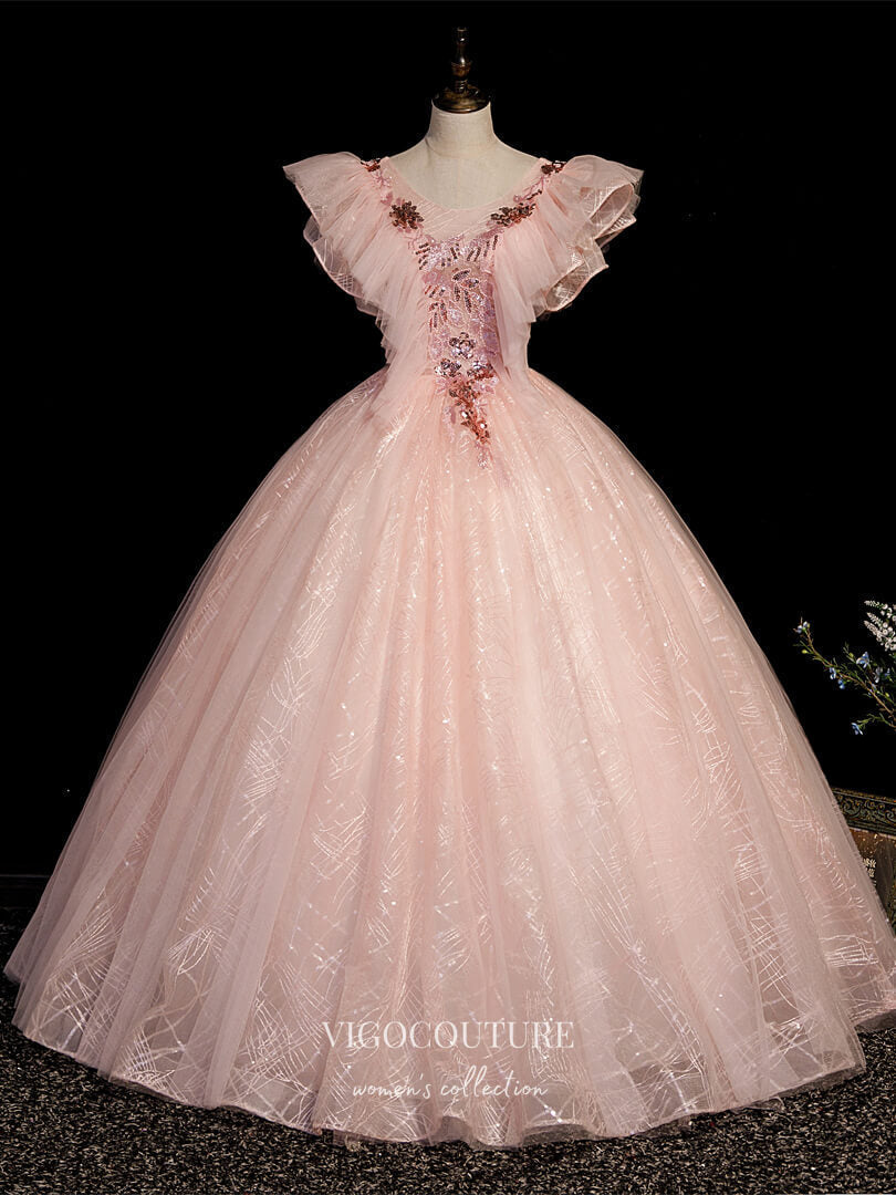 Prom Dress 2025 Blush Lace Applique Quinceanera Dresses Sparkly Tulle Sweet 16 Dresses 21408-unique elegant Prom Dresses-Blush-Custom Size-vigocouture